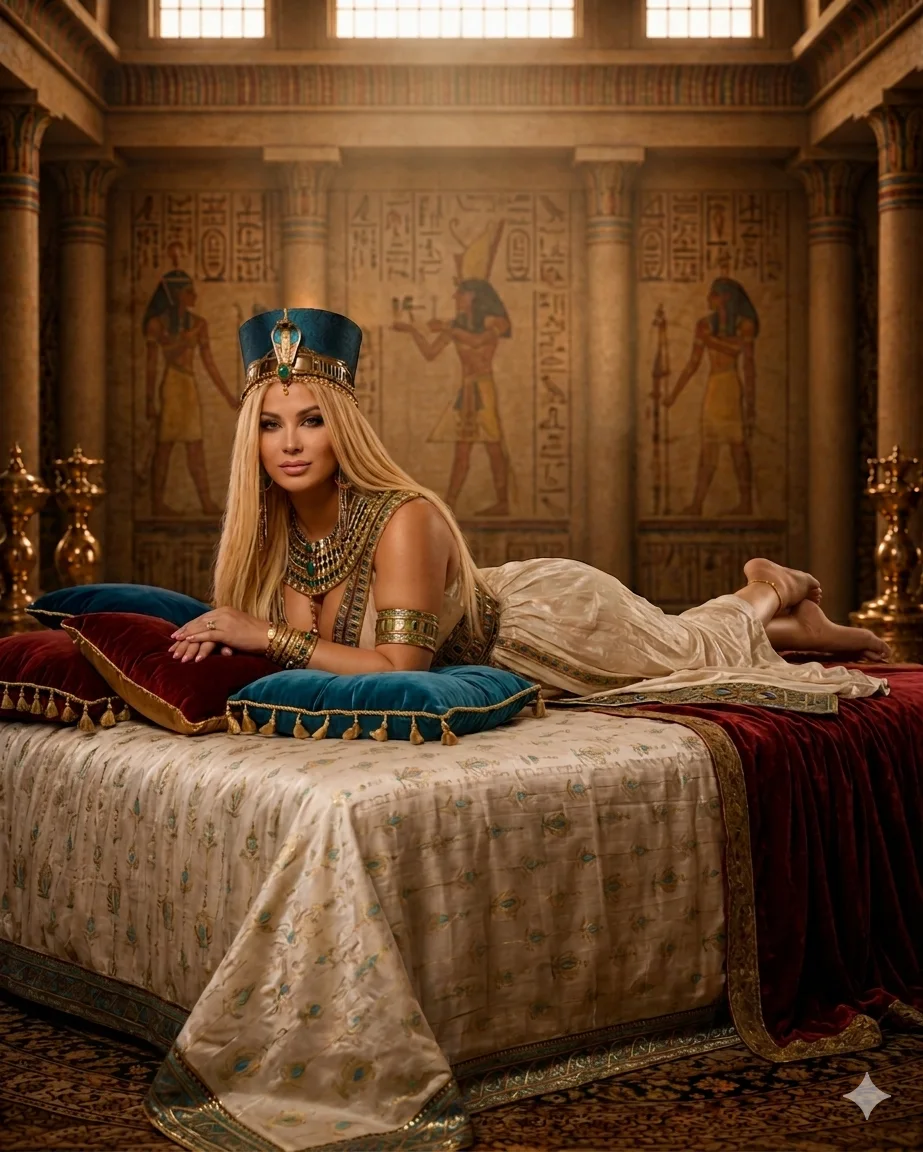 Cleopatra reclining in an ornate royal chamber