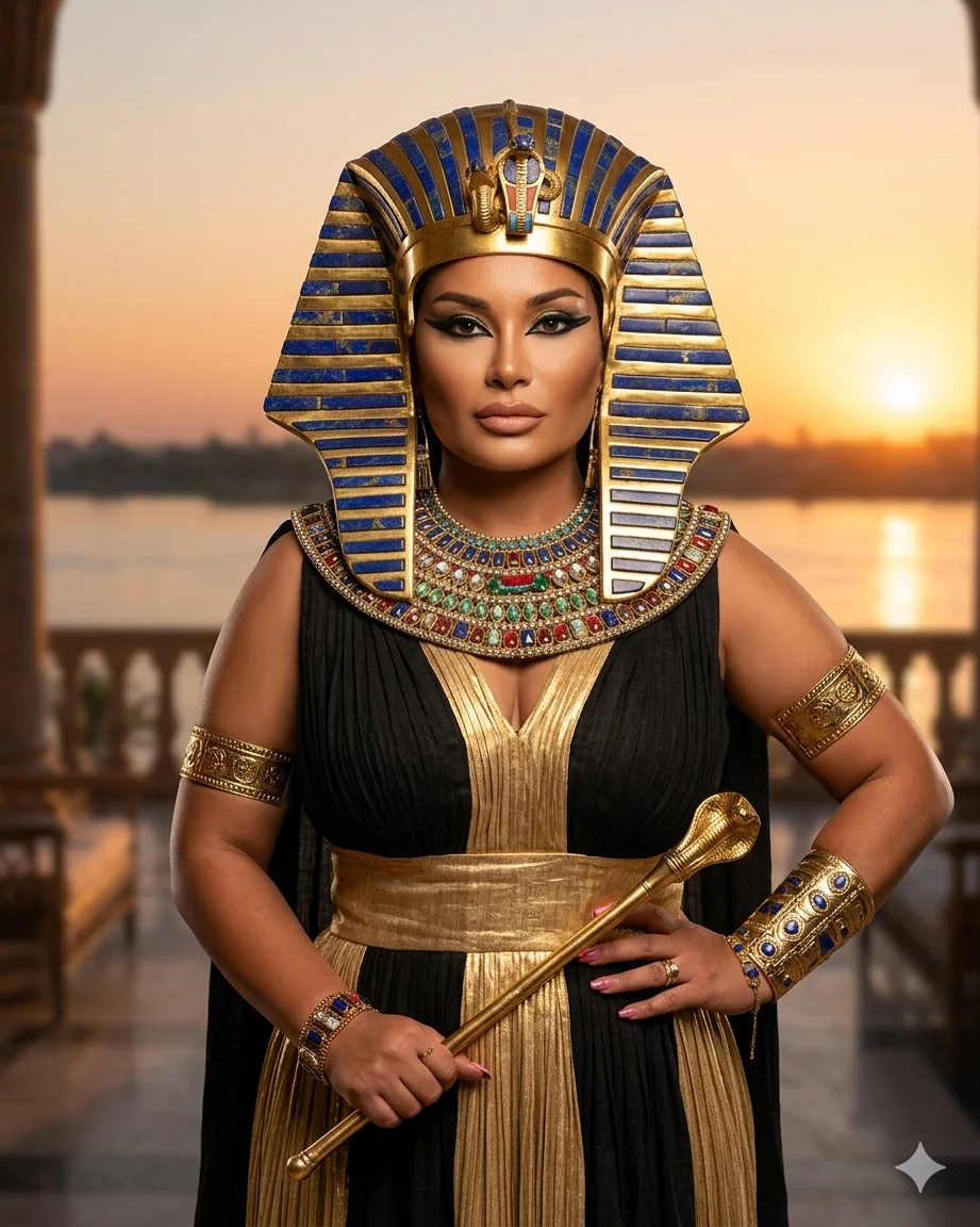 Cleopatra in a black and gold ceremonial gown at sunset