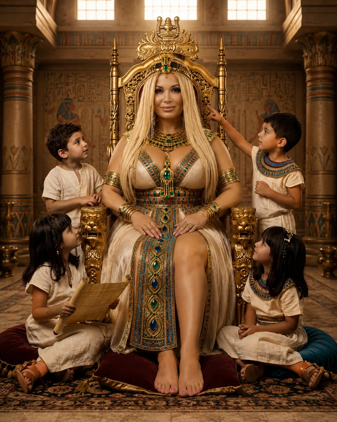 Cleopatra receiving an audience beside a golden throne